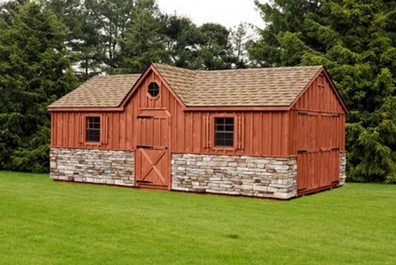 12x22 Highwall Dutch Barn, Cedar Tone stain, Black trim, Weatherwood roof, Clapboard siding, Gable vents